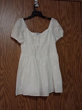 NEW XL White Eyelet Mini Dress Bridgerton Celebrity Pink Puff Sleeve Cottagecore